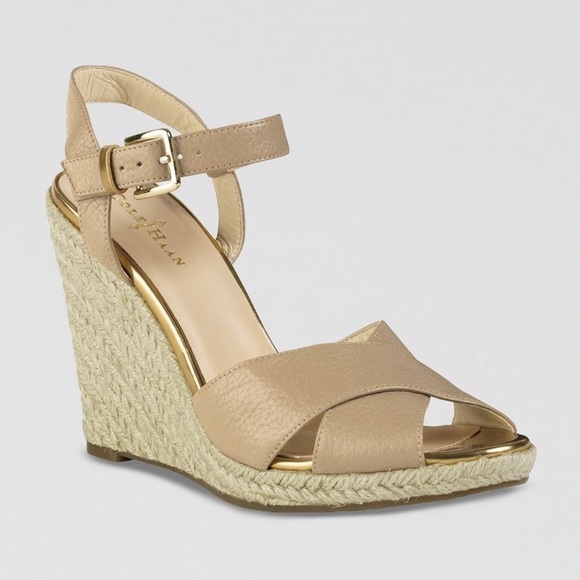 COLE HAAN Hart Sandal Espadrille Wedge Heel Strappy Saddle Brown Tan Size 11B - Picture 1 of 12